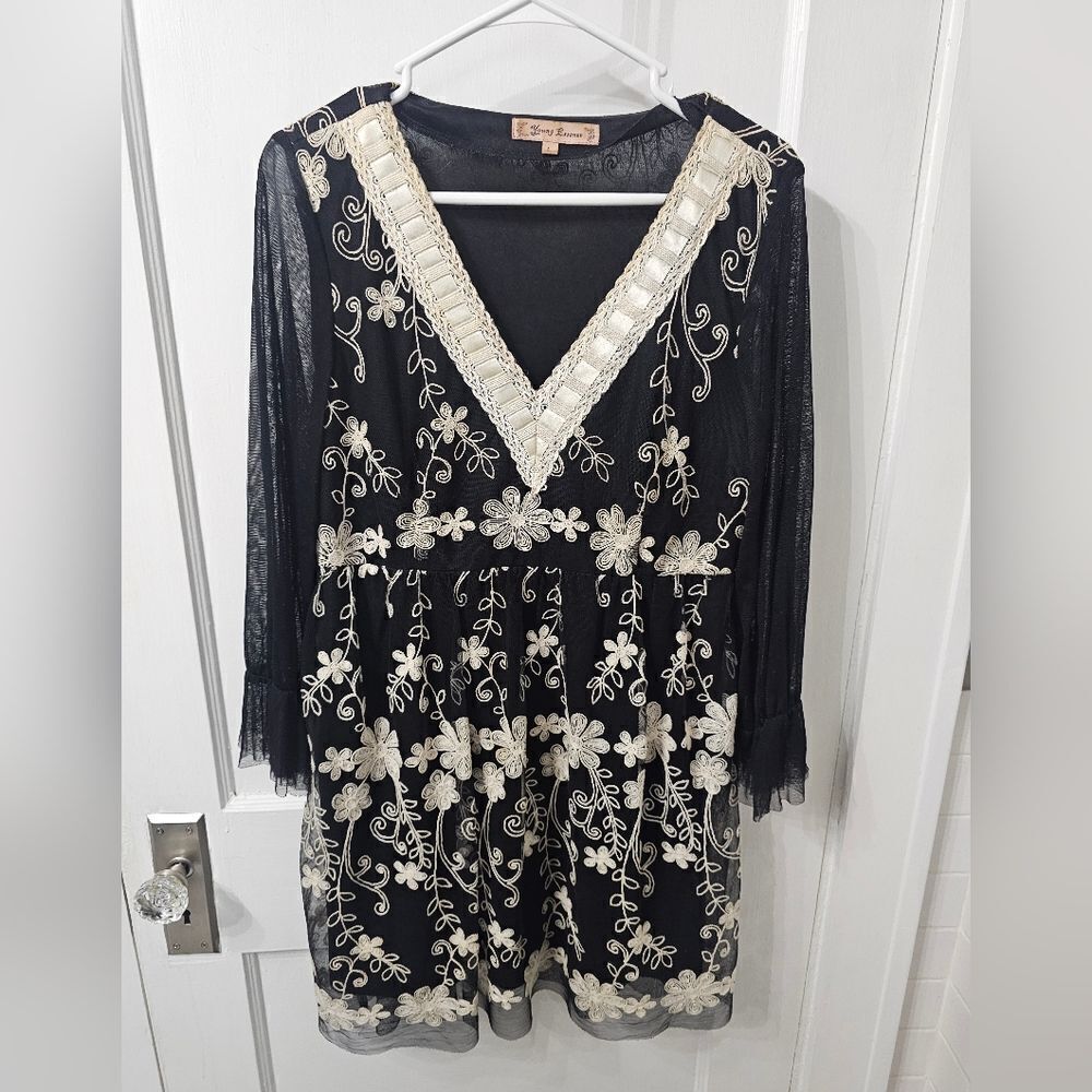 Y2K Young Essence Black And Cream Embroidered Dress Size Large, Sheer Sleeves,